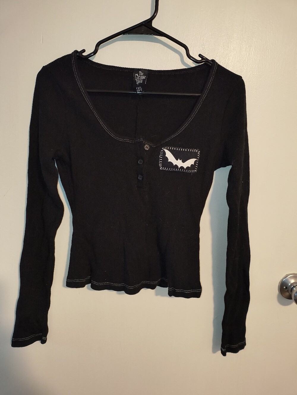 Black Goth Long-Sleeve Ribbed Top with Bat Patch